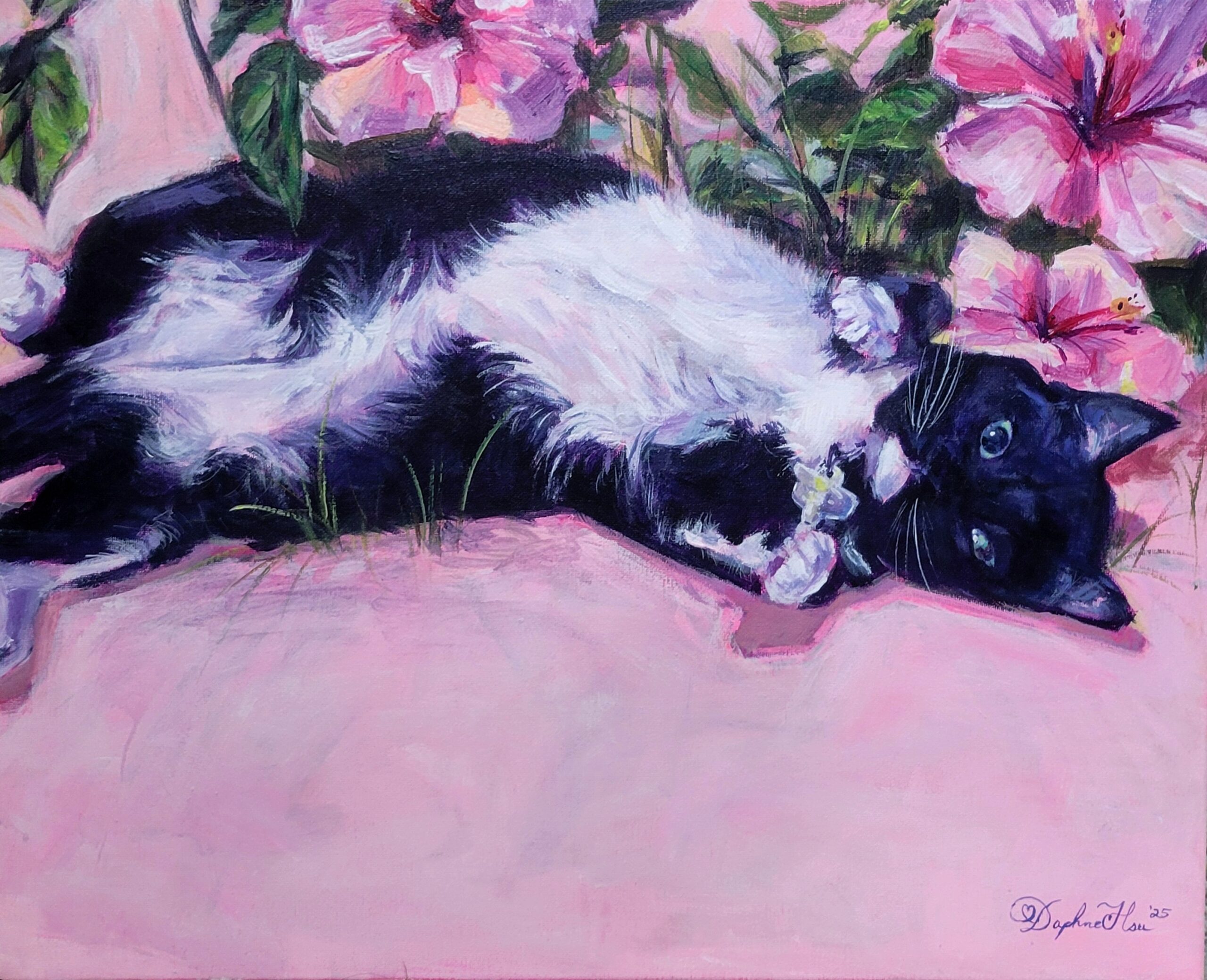 A painting of a tuxedo cat laying belly up in front of hibiscus bush