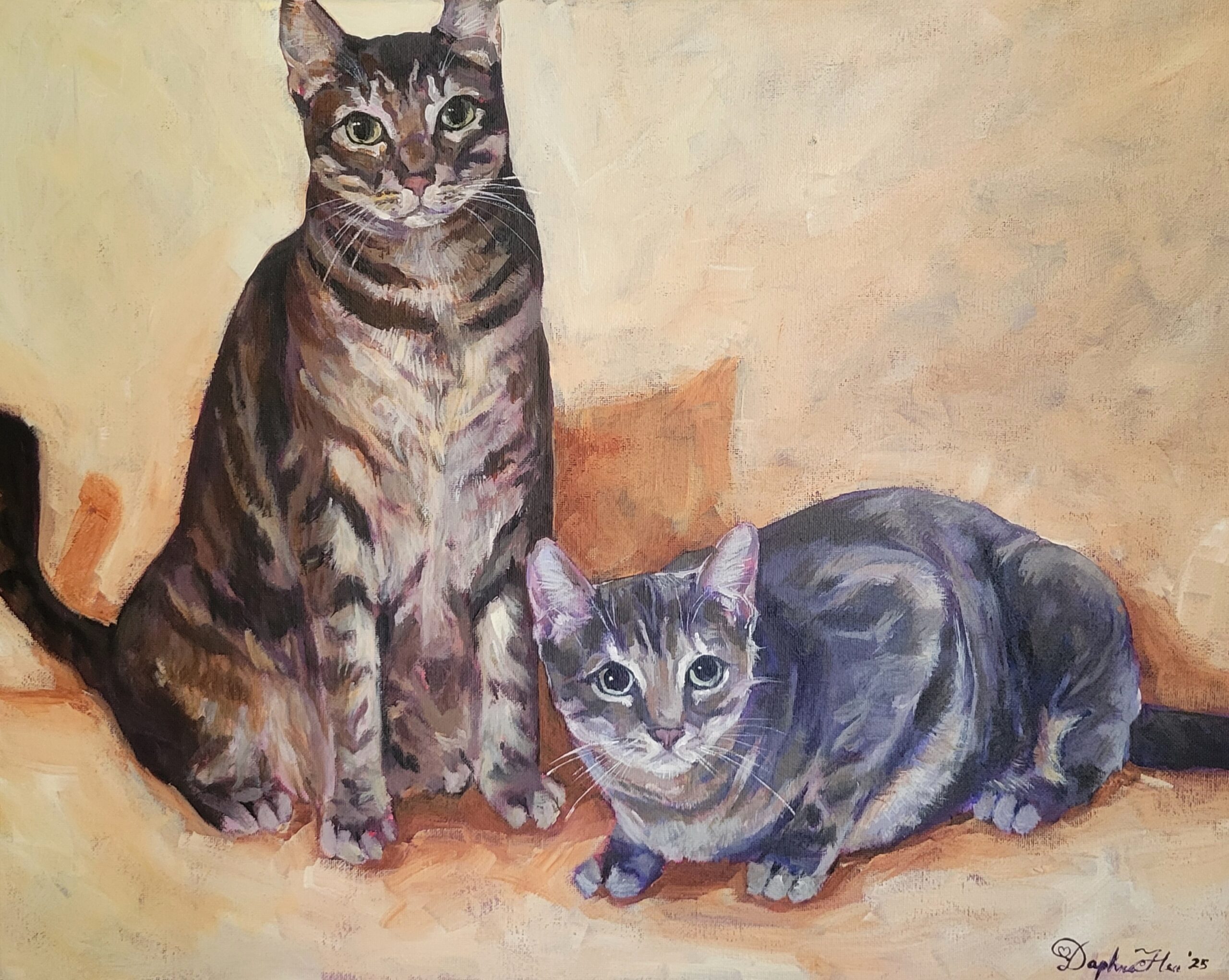 A painting of a brown tabby cat and a grey tabby cat