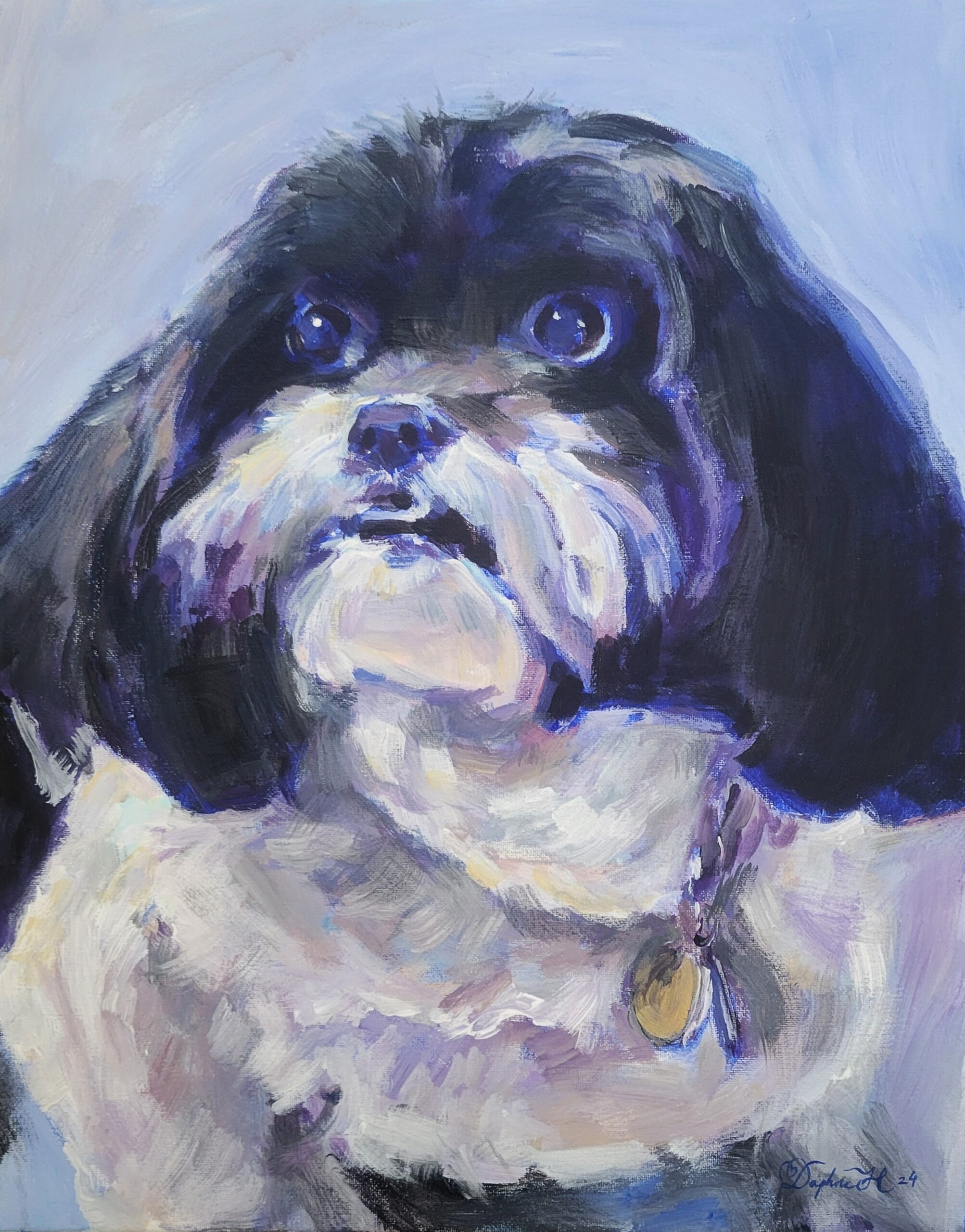 A painting of a black and white shih tzu
